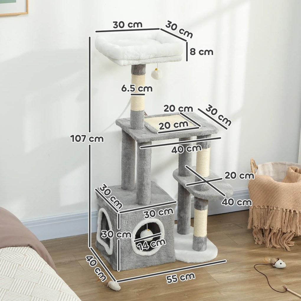 PawHut Ansamblu de joacă zgârietoare pentru pisici cu căsuță, pat și 2 mingi, din lemn și pluș, 55x40x107 cm, gri și alb | Aosom Romania