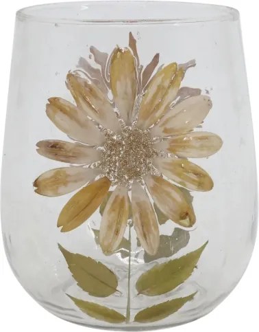 Suport lumânare din sticlă transparentă, lucrat manual, cu flori uscate, 14x12.5 cm, „Fleurette"