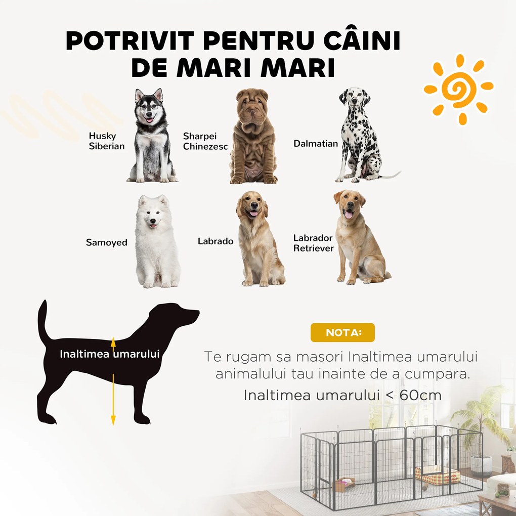 PawHut Țarc cu 12 Panouri din Oțel pentru Câini de Talie Medie, 80 cm Înălțime, Negru | Aosom Romania