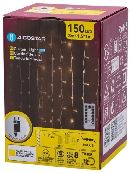 Aigostar - LED instalație luminoasă de Crăciun pentru exterior 150xLED/6W/230V/8 funcții 1,5x1m IP44 alb cald+telecomandă
