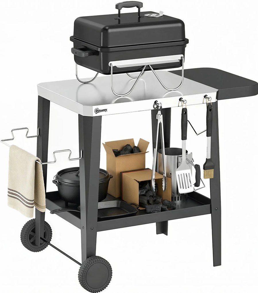 Outsunny Cărucior de bucătărie cu roți cărucior de servire cu cârlige, suport pentru role de hârtie și prosoape, oțel inoxidabil, 115 x 67,5 x 80,5 cm Negru | Aosom Romania