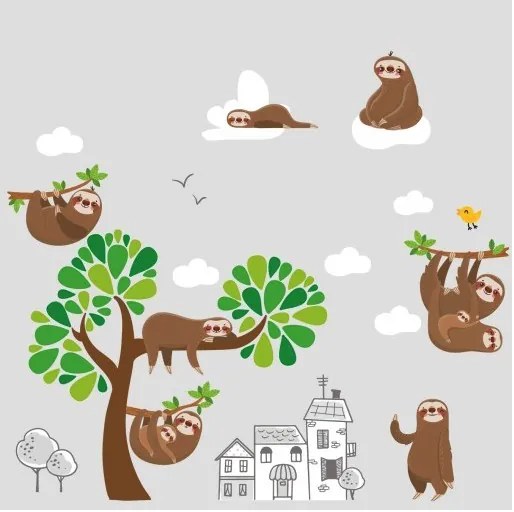 Autocolant de perete mare pentru copii Sloth Family 100 x 200 cm