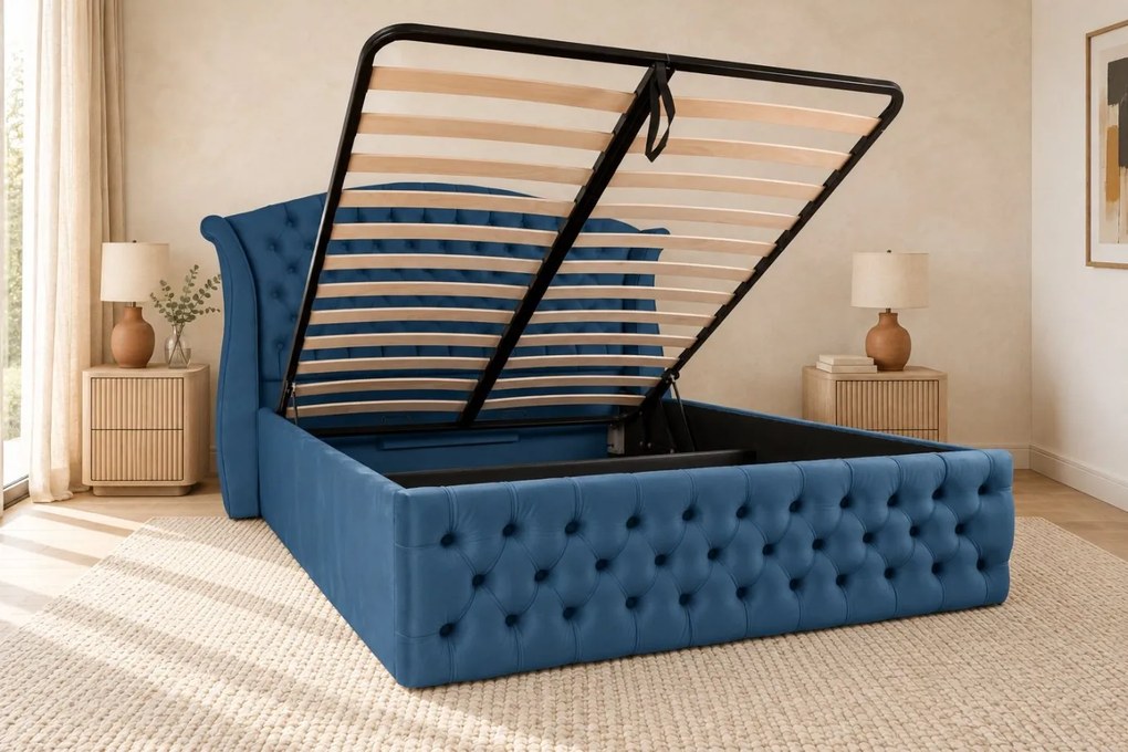 Pat tapițat Chesterfield din catifea Sorella Simple 140×200 cm, albastru, cu ladă de depozitare