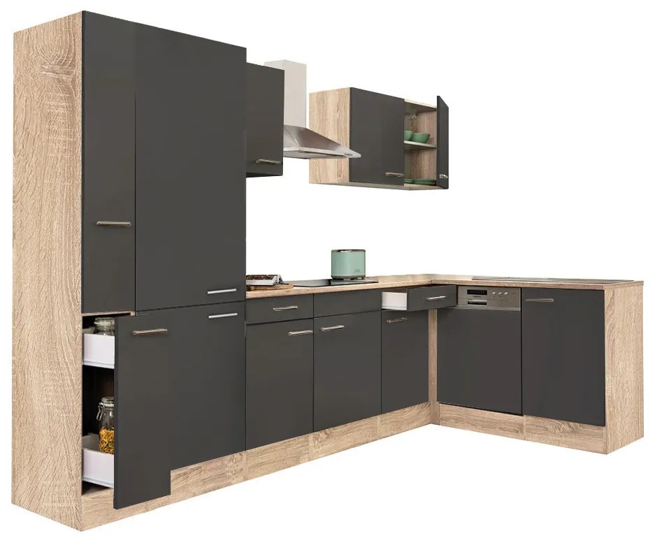 Mobilă de bucătărie de colț Yorki 310, corp din stejar sonoma, față antracit satinat, cu dulap cu raft