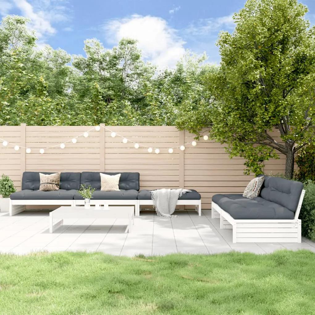 3186124 vidaXL Set mobilier relaxare grădină&perne 6 piese alb lemn masiv pin