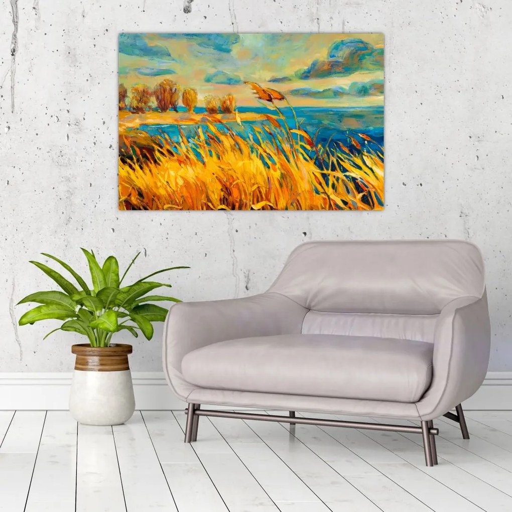 Tablou - Apus de soare peste lac, pictură acrilică (90x60 cm)