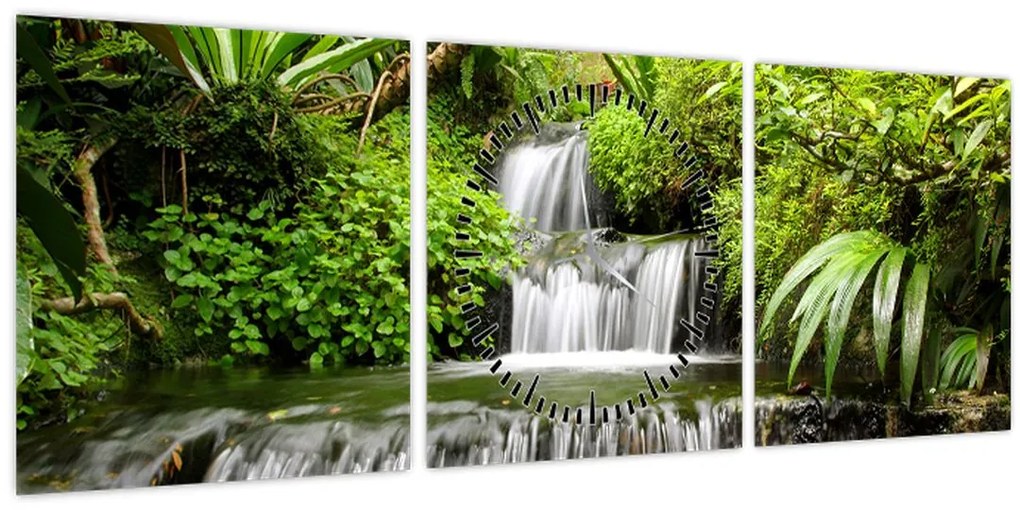 Tablou - Cascadă în pădurea tropicală (cu ceas) (90x30 cm)