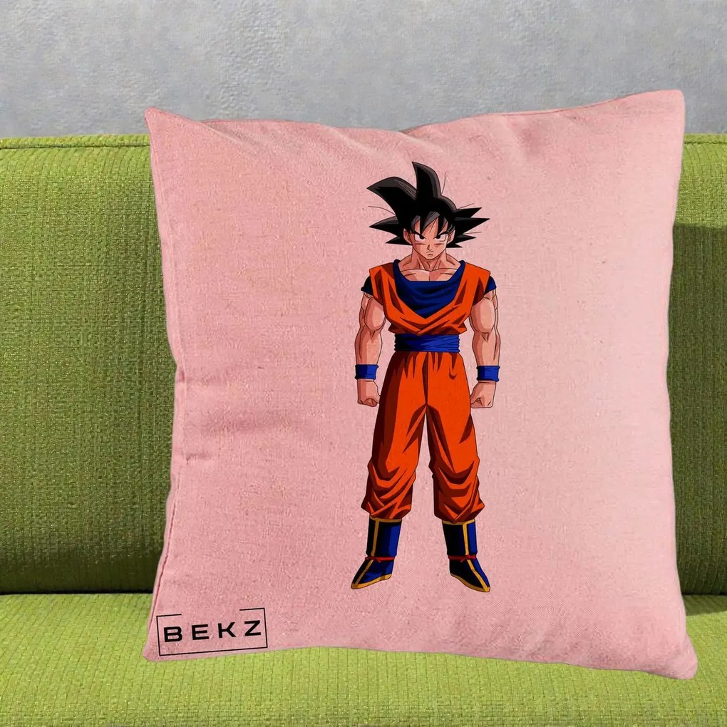 Perna Personalizata Dragon Ball Goku Complet in Gi Portocaliu, 40x40 cm, Roz, Husa Detasabila, Perna Inclusa, BEKZ®