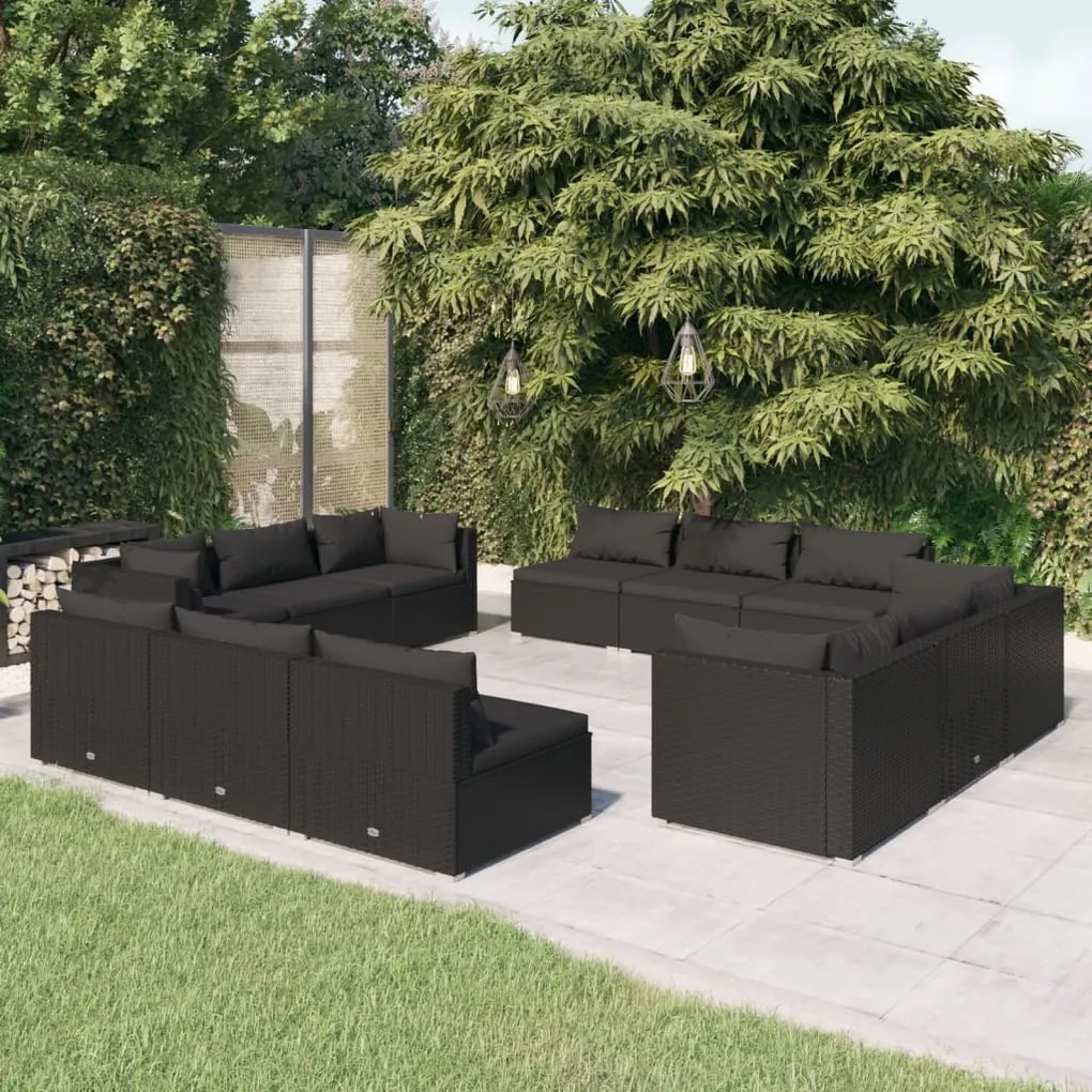 Set mobilier de gradina cu perne, 12 piese, negru, poliratan Negru, 4x colt + 8x mijloc, 1