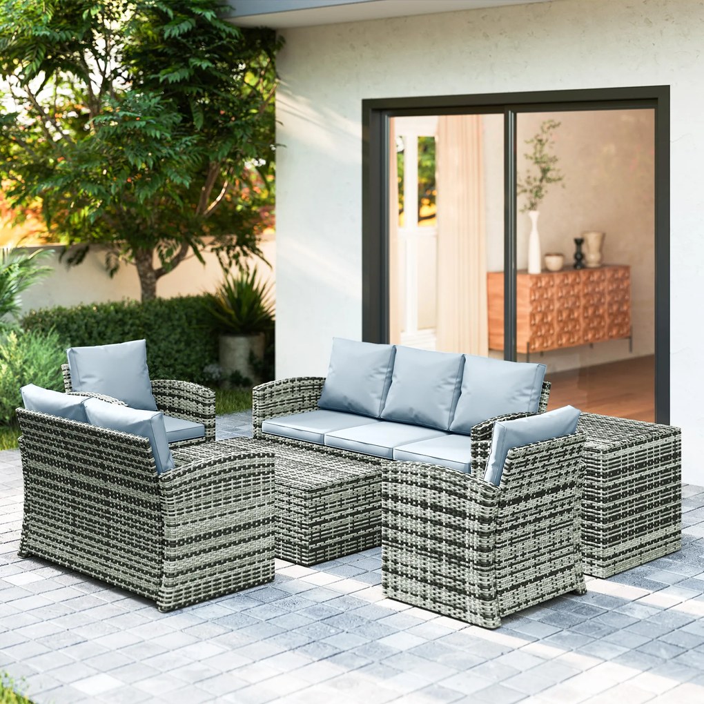 Outsunny Set de mobilier de gradina din ratan de 6 piese, canapea si 2 fotolii tapitate pentru 7 persoane, bej | Aosom Romania