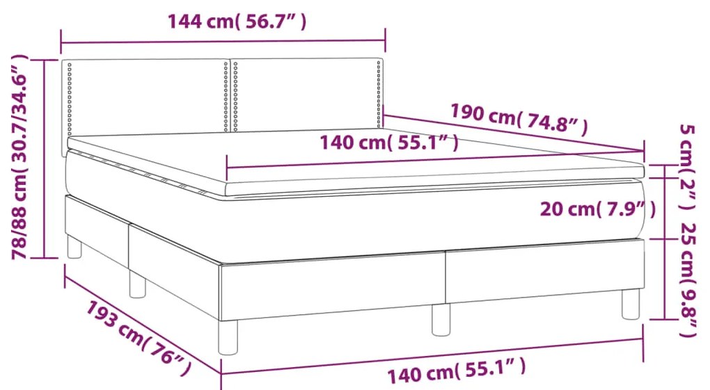 Pat box spring cu saltea, maro inchis, 140x200 cm, textil Maro inchis, 140 x 190 cm, Culoare unica si cuie de tapiterie