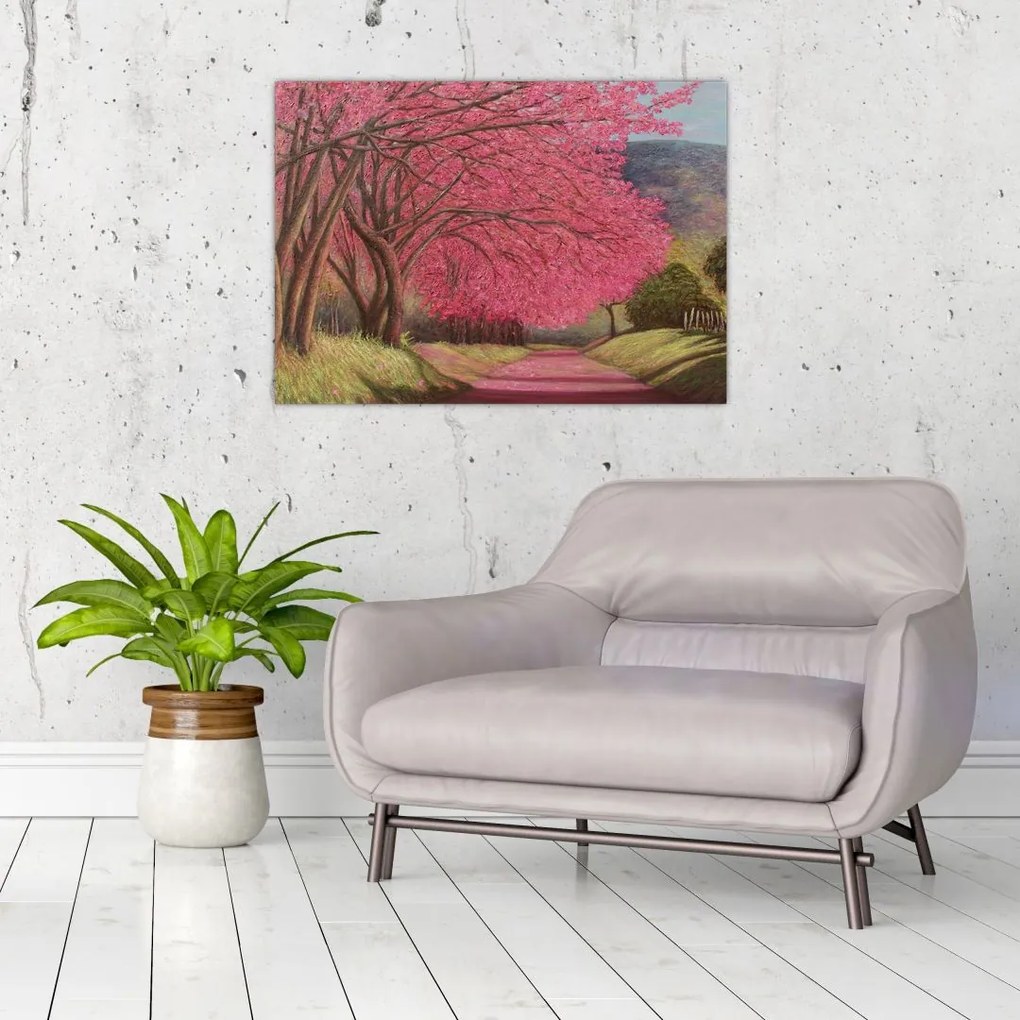 Tablou pe sticlă cu copaci înfloriți (70x50 cm)