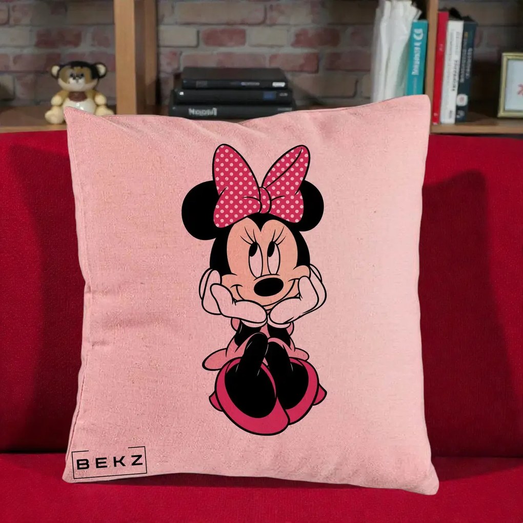 Perna Personalizata Minnie Mouse cu Fundita, 40x40 cm, Roz, Husa Detasabila, Perna Inclusa, BEKZ®