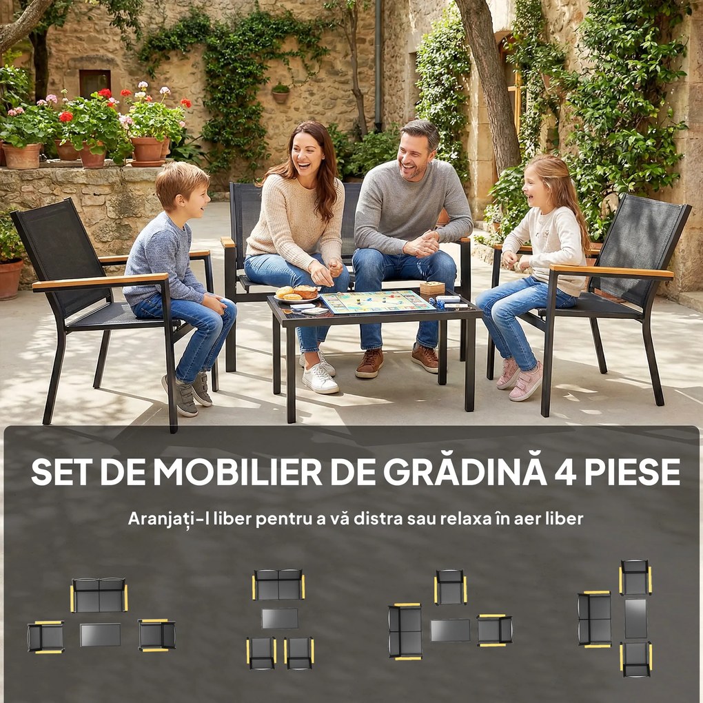 Outsunny Set Mobilier Exterior, Rezistent la Rugină, 4 Piese, Negru | Aosom Romania