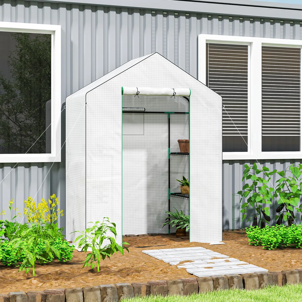 Outsunny Seră de grădină cu 1 ușă, 2 ferestre și 2 rafturi în formă de U pentru legume, plante, flori, copertină PE 140x73x190 cm | Aosom Romania