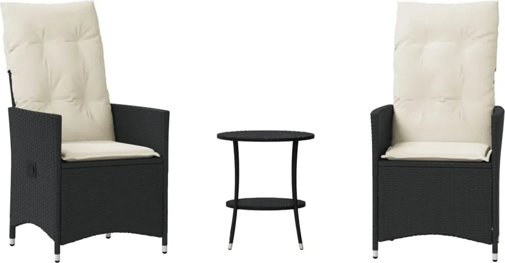 vidaXL Set bistro cu perne, 3 piese, negru, poliratan