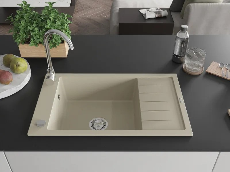 Mexen Elias chiuvetă de bucătărie din granit cu 1 compartiment și scurgător 795 x 480 mm, bej, sifon cromat - 6511791005-69