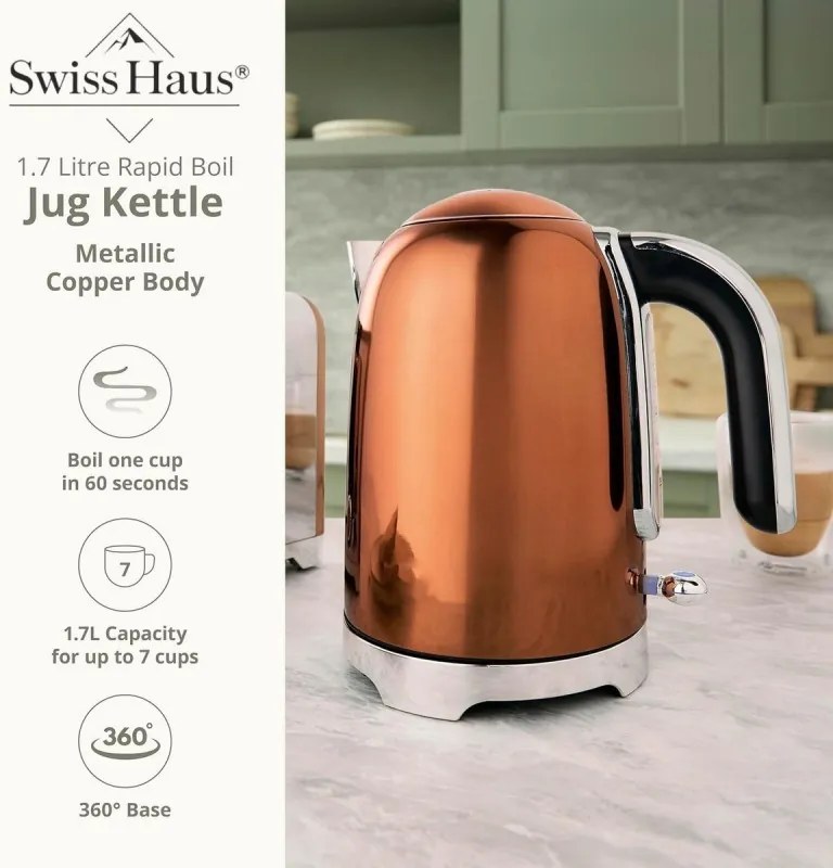 Cana electrica Swiss Haus SH-SWK2127, 2000 W, 1,7 l, Baza rotativa la 360°, Filtru, Pereti dubli, Cupru