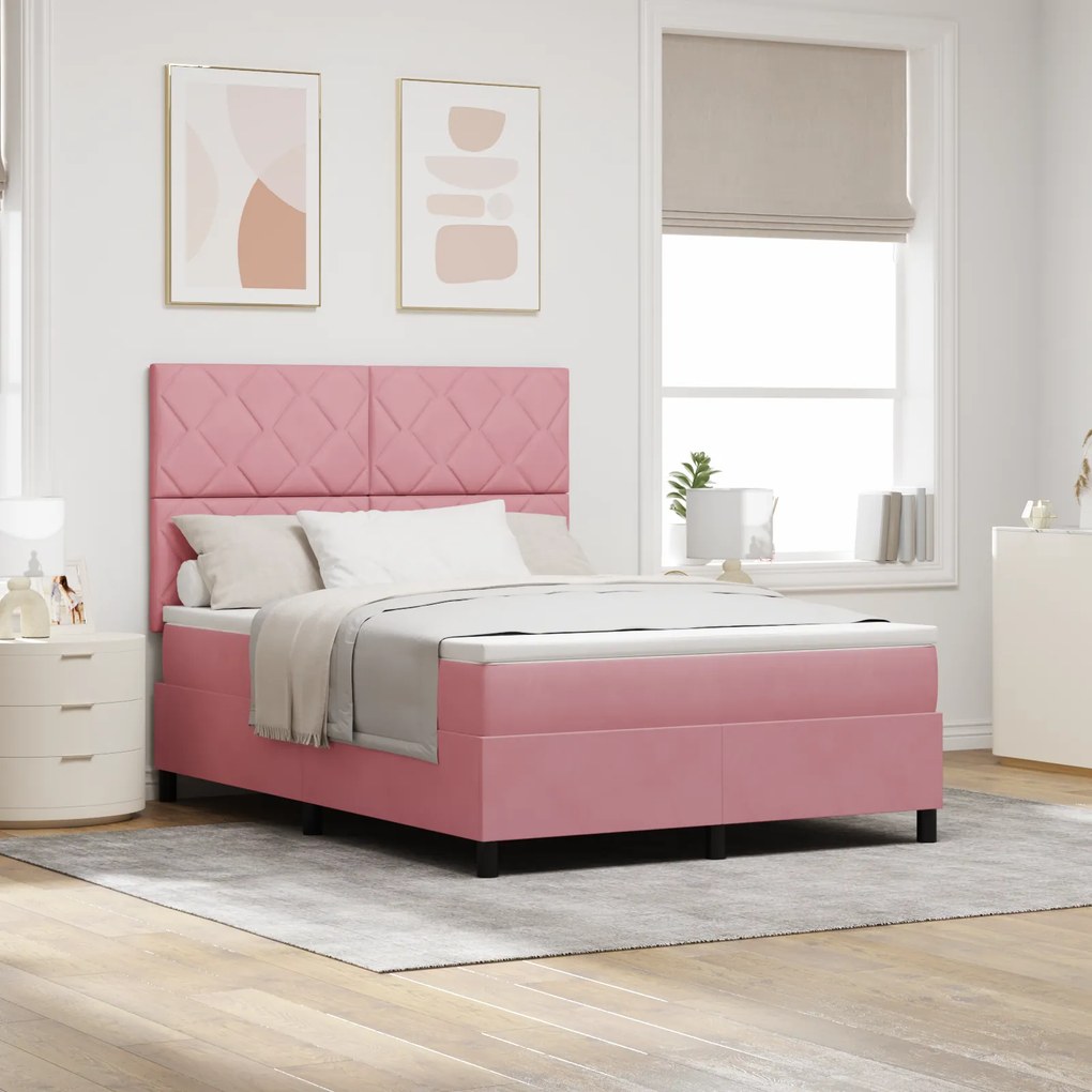 vidaXL Pat box spring cu saltea &amp; LED, roz, 140x200 cm catifea