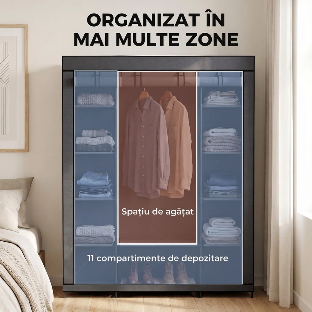 HOMCOM Dulap textil pentru economisirea spațiului, cu bară pentru umerașe și 11 rafturi, 135x45x175 cm, gri, pentru dormitor | Aosom Romania