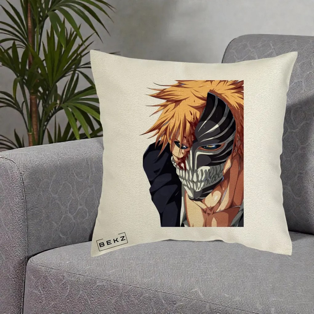 Perna Personalizata Bleach Ichigo Masca Hollow, 40x40 cm, Ecru, Husa Detasabila, Perna Inclusa, BEKZ®