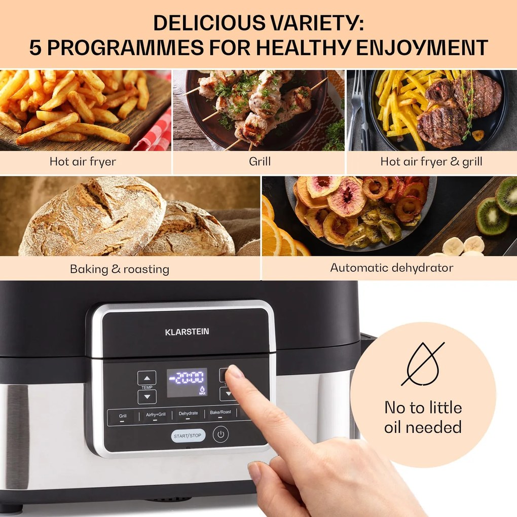 Klarstein Combo Air, friteuză cu aer cald și grill, 5 programe, 1500 W, coș de grătar de 4,5 l, coș de prăjire de 2,5 l