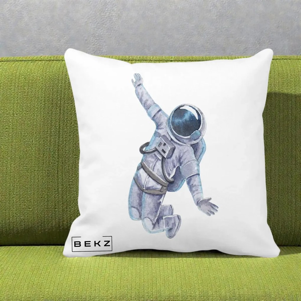 Perna Decorativa Astronaut Acuarela Zbor, 40x40 cm, Alba Mata, Husa Detasabila, Perna Inclusa, BEKZ®