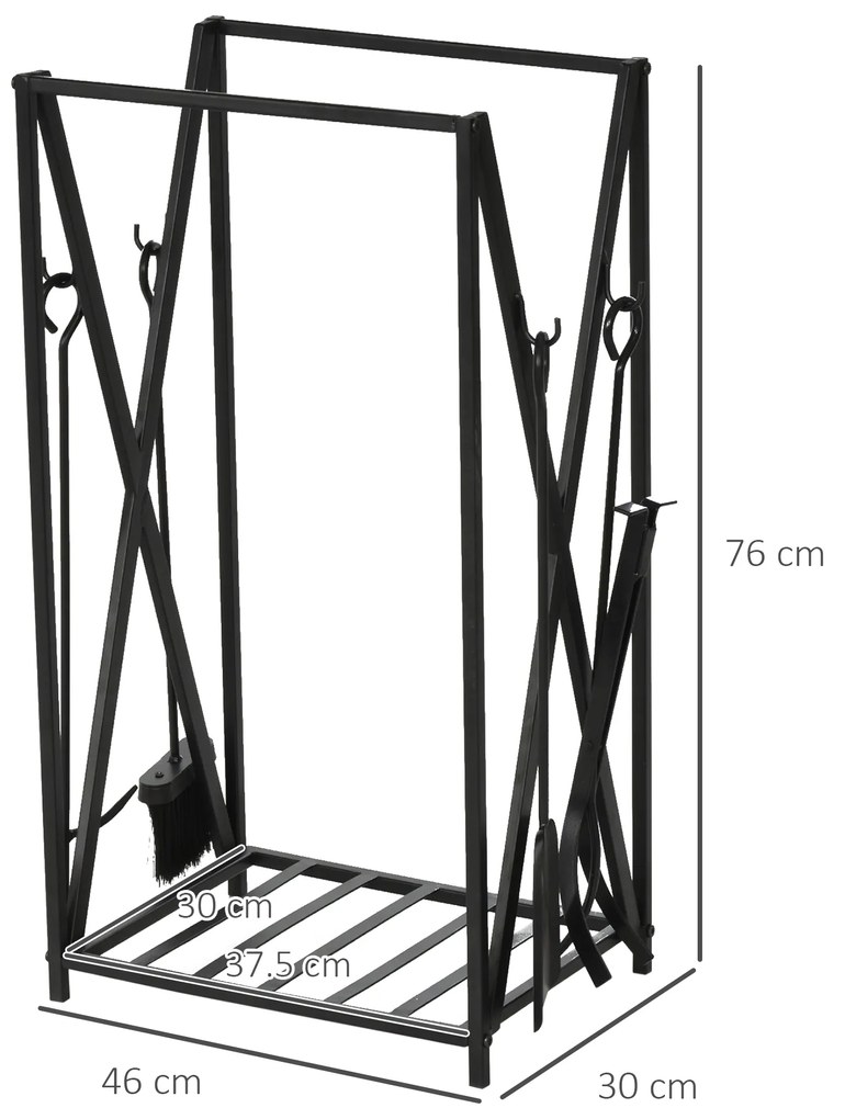 HOMCOM Suport pentru Lemne de Foc din Oțel, Suport pentru Lemne pentru Șemineu cu Vatrai, Perie și Clește, 46x30x76 cm, Negru | Aosom Romania