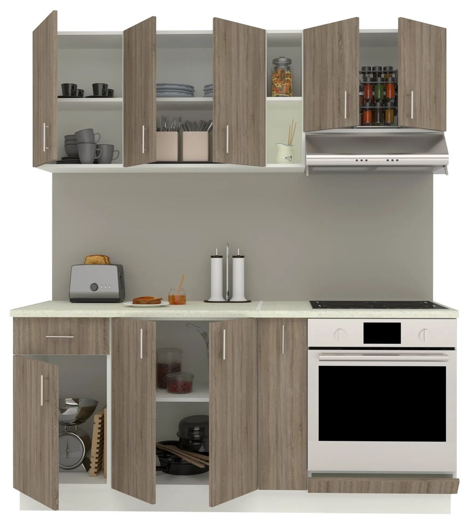 Set Bucatarie Karo V9, Stejar Sonoma Inchis/Alb, Blat Thermo 28 mm, L 180 cm