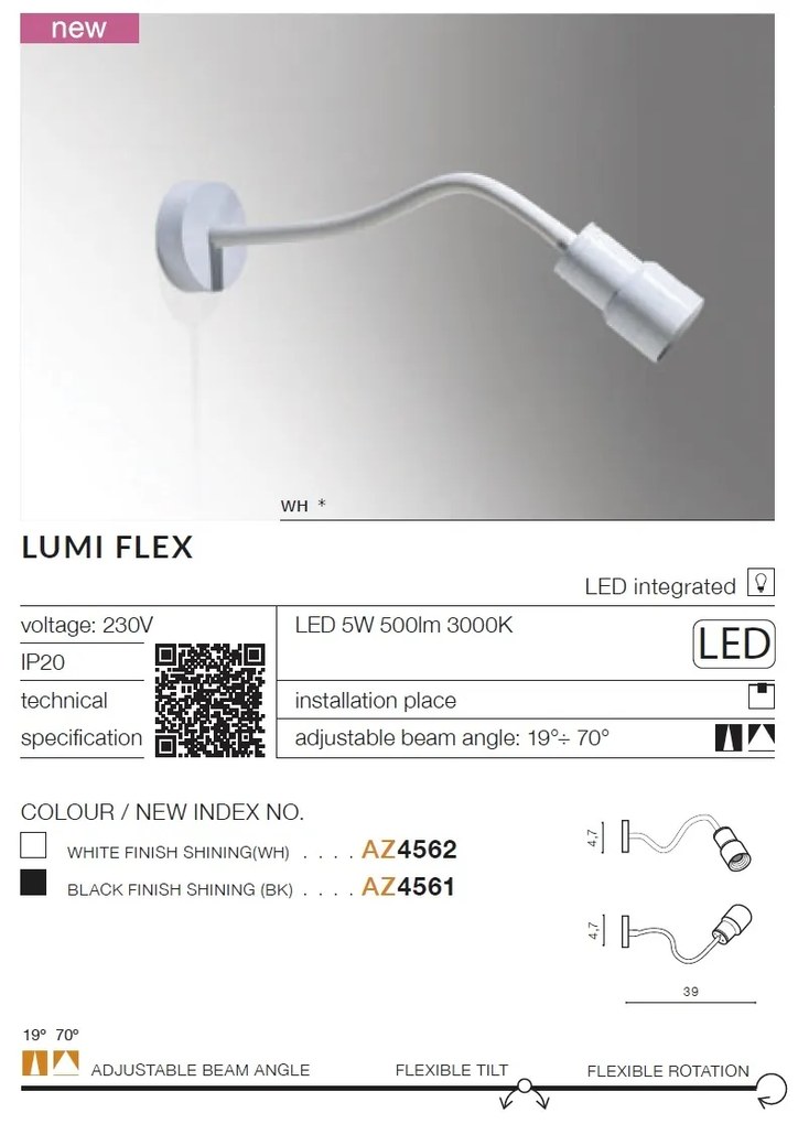 Aplica de perete tip spot LED cu brat flexibil LUMI FLEX neagra