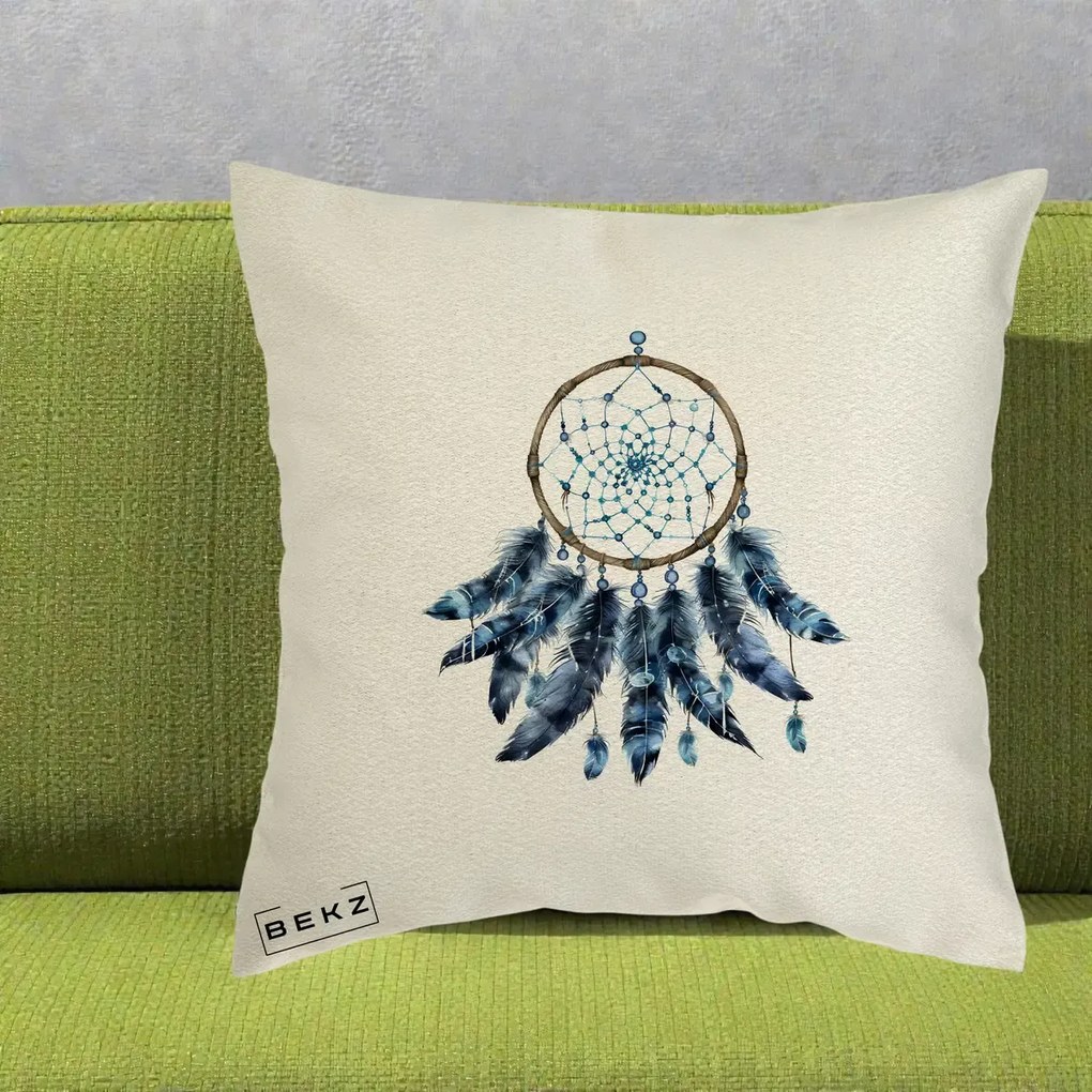 Perna Personalizata Prinzator de Vise cu Pene Albastre, 40x40 cm, Ecru, Husa Detasabila, Perna Inclusa, BEKZ®