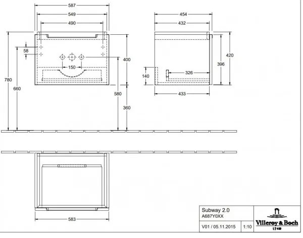 Set mobilier 58.7cm Villeroy&Boch Subway 2.0 alb lucios, cu lavoar Subway 2.0, A68700DH+7113F001