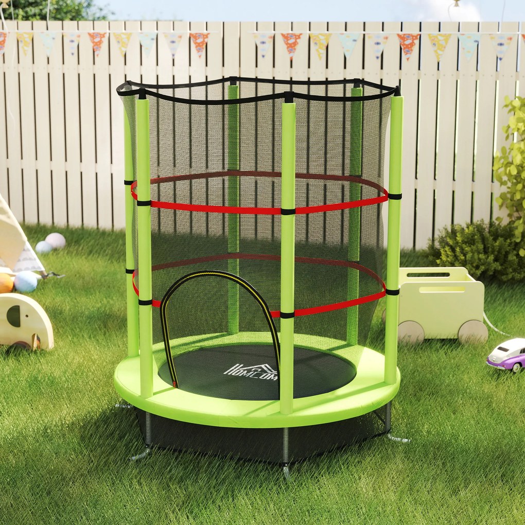 HOMCOM Saltea Elastică pentru Copii 3-6 Ani cu Plasă de Protecție, 6 Stâlpi și 3 Intrări, Ø140x190 cm, Verde | Aosom Romania