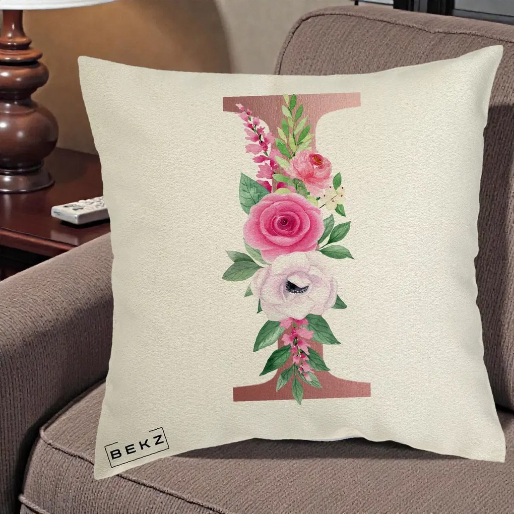 Cadou Personalizat - Perna Personalizata Monograma Rose Gold Litera I, 40x40 cm, Ecru, Husa Detasabila, Perna Inclusa, BEKZ®