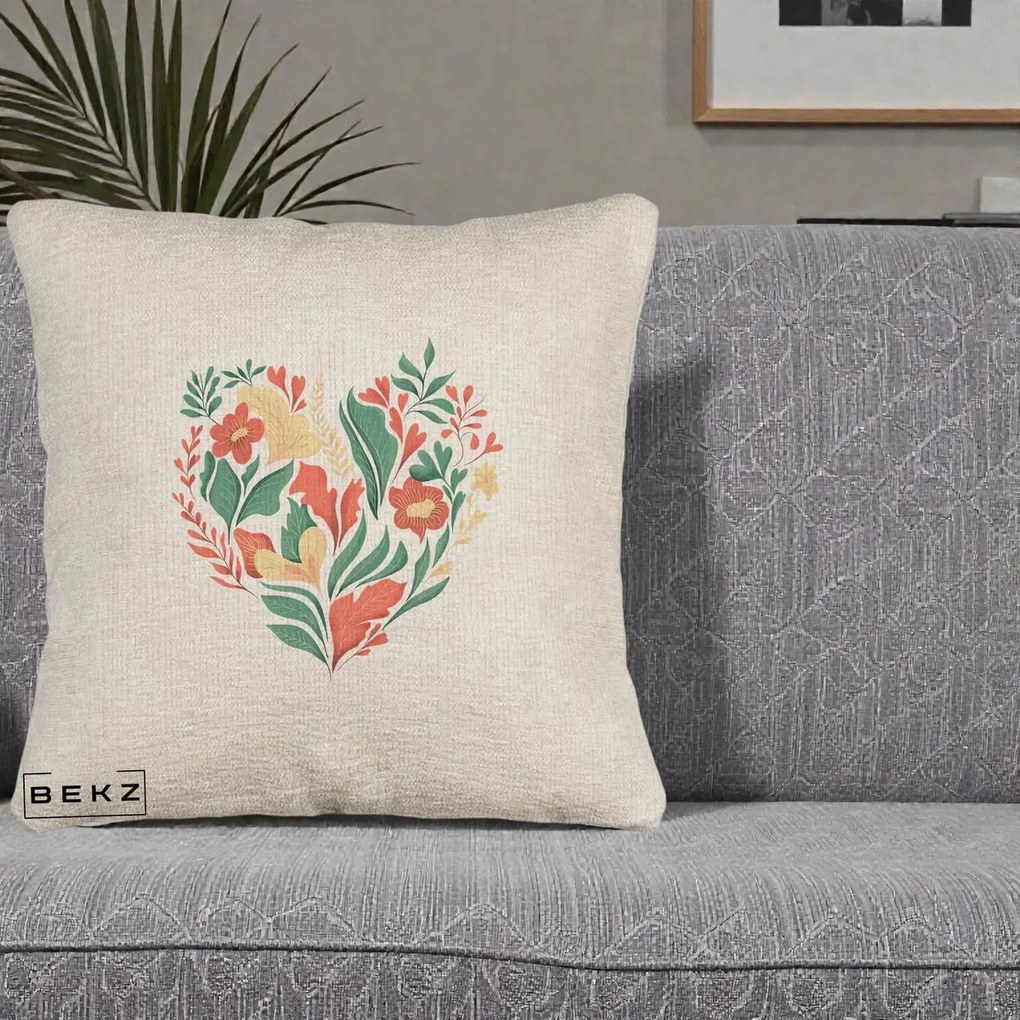 Perna Decorativa Inima Florala Botanica, 40x40 cm, Bej Canapea, Husa Detasabila, Perna Inclusa, BEKZ®