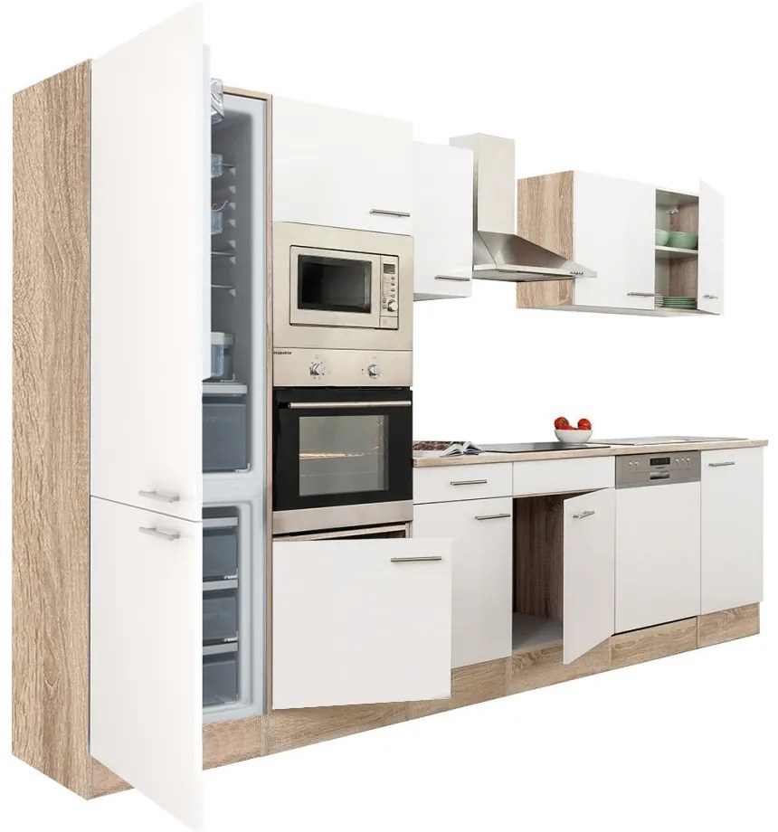 Mobilă de bucătărie Yorki 340, corp din stejar sonoma, față alb satinat, frigider cu congelator în partea de jos