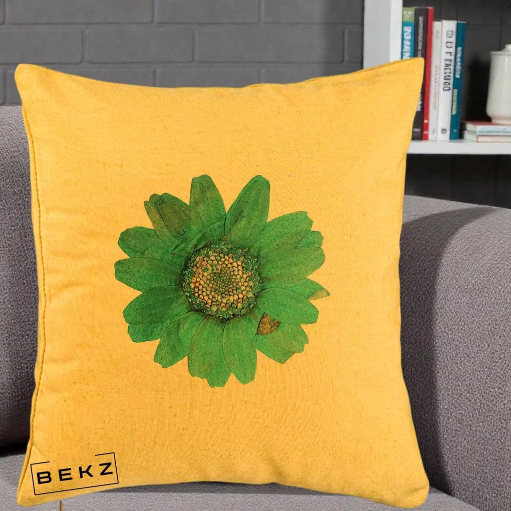 Perna Decorativa Floare Gerbera Teal Acuarela, 40x40 cm, Galben, Husa Detasabila, Perna Inclusa, BEKZ®