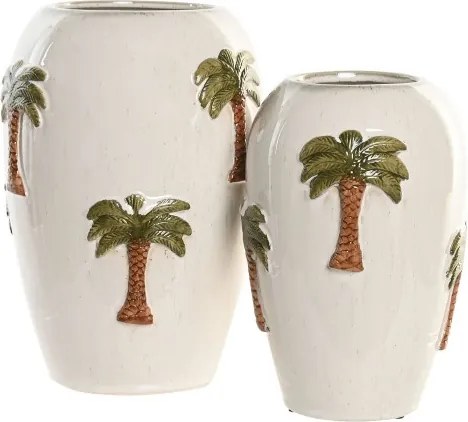Vază decorativă tropical pictată manual alb cu accente maro și verde din ceramică , "Palmira"