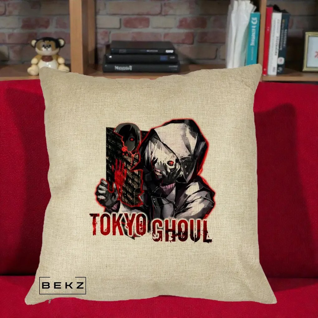 Perna Personalizata Tokyo Ghoul Ken Kaneki Anime, 40x40 cm, Crem, Husa Detasabila, Perna Inclusa, BEKZ®