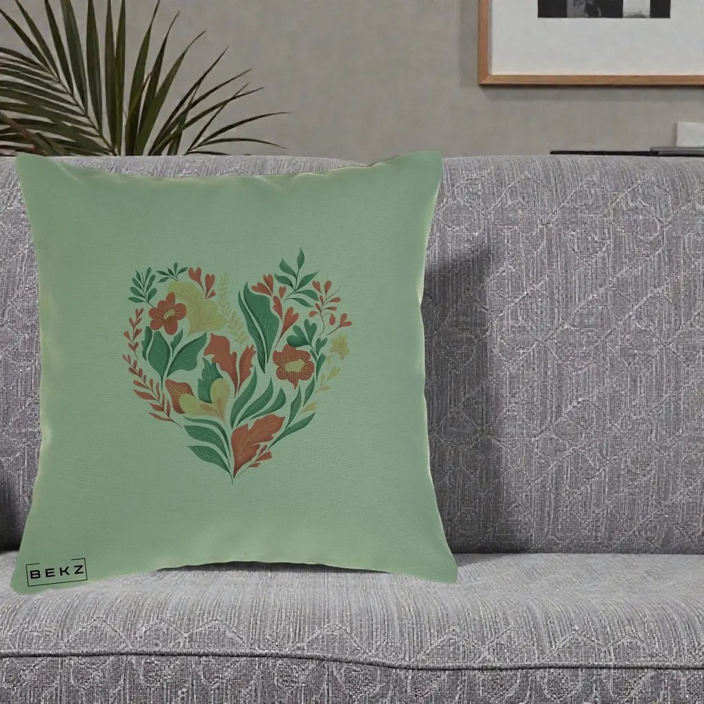 Perna Decorativa Inima Florala Botanica, 40x40 cm, Verde, Husa Detasabila, Perna Inclusa, BEKZ®