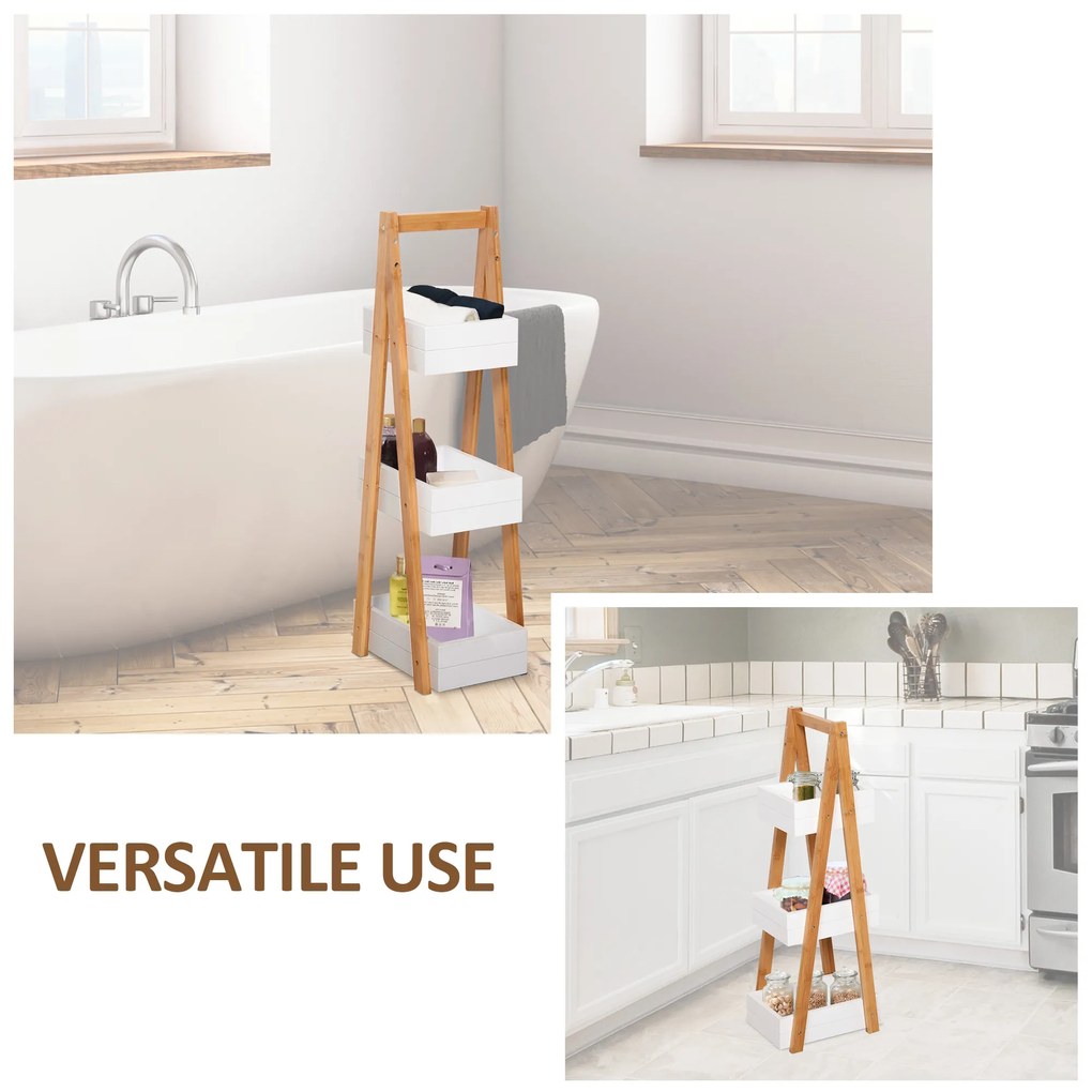 Raft cu 3 etajere Dulapior pentru baie cu economisire spatiu si multifunctional din lemn MDF si bambus 21x30x81cm, Alb HOMCOM | Aosom RO