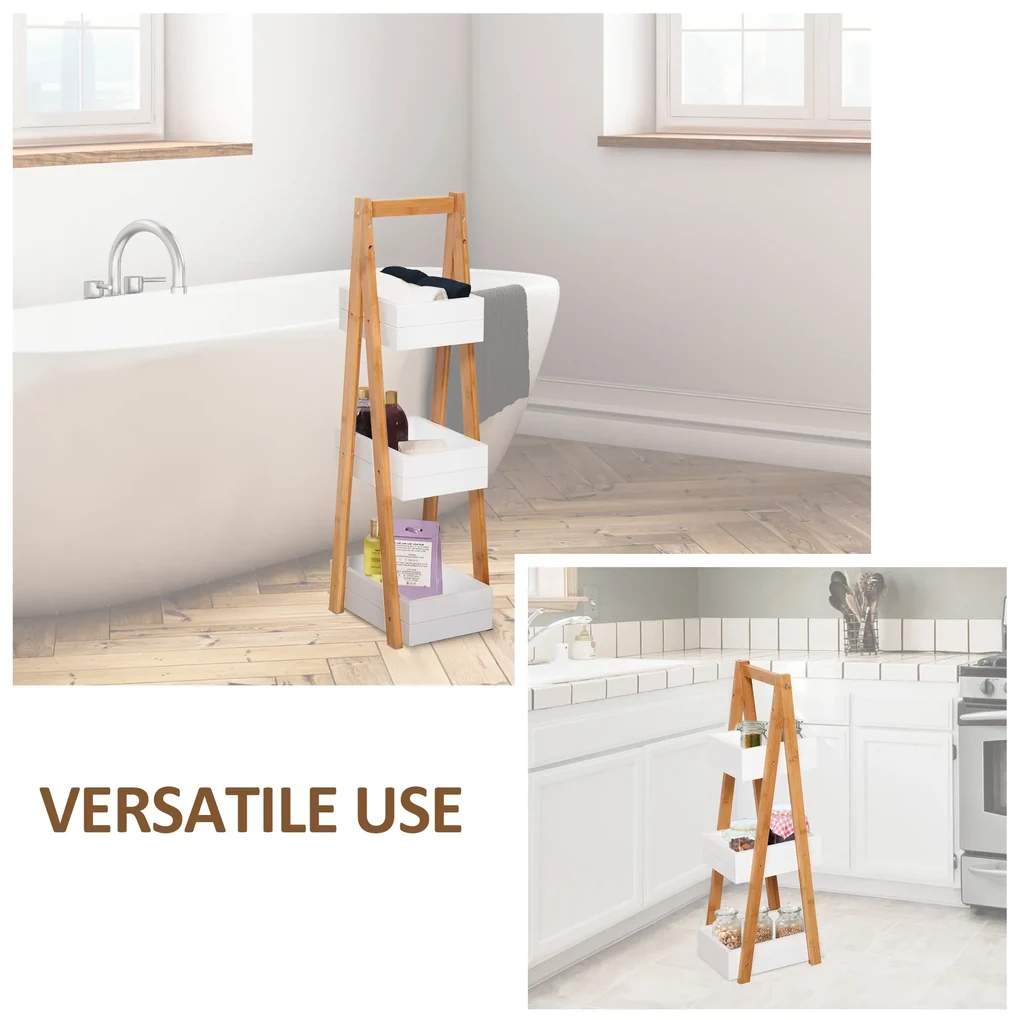 Raft cu 3 etajere Dulapior pentru baie cu economisire spatiu si multifunctional din lemn MDF si bambus 21x30x81cm, Alb HOMCOM | Aosom RO