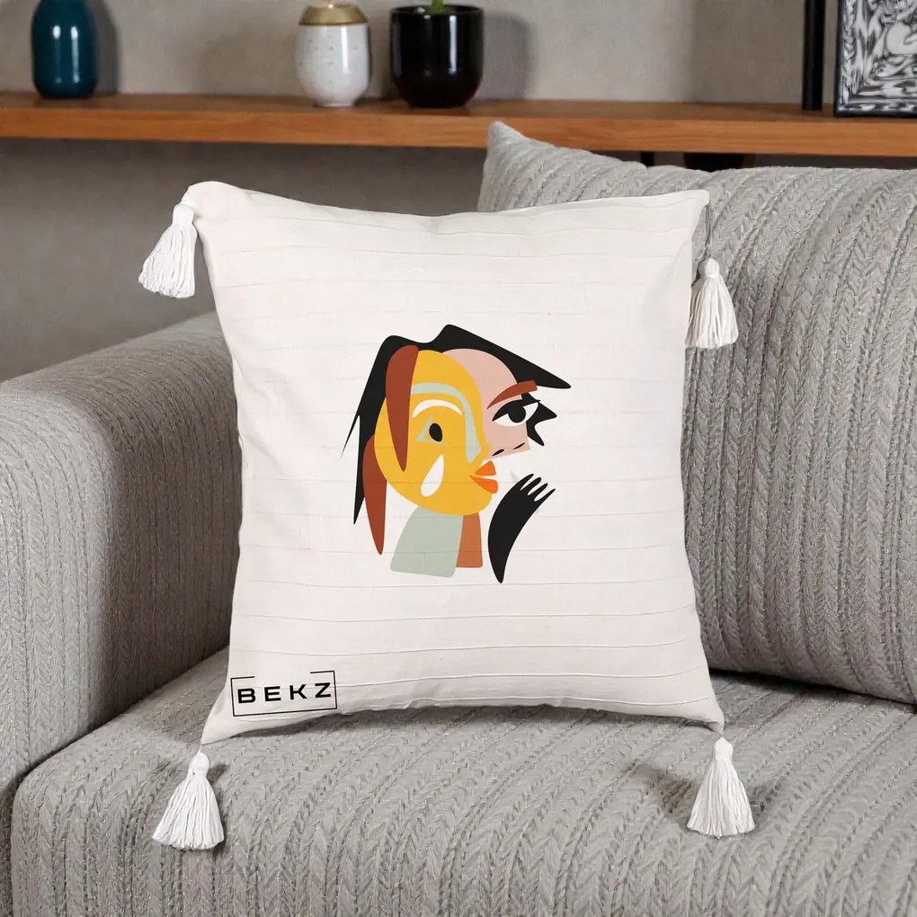 Perna Decorativa Portret Abstract Galben-Ocru, 40x40 cm, Bej cu Franjuri, Husa Detasabila, Perna Inclusa, BEKZ®