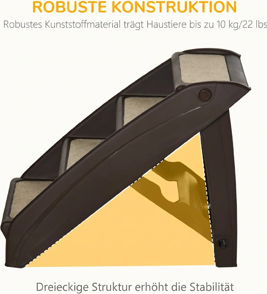 PawHut Scară Pliabilă pentru Câini cu 4 Trepte Antiderapante, Scară din PP pentru Animale de Companie, 62x38x49,5 cm, Maro | Aosom Romania