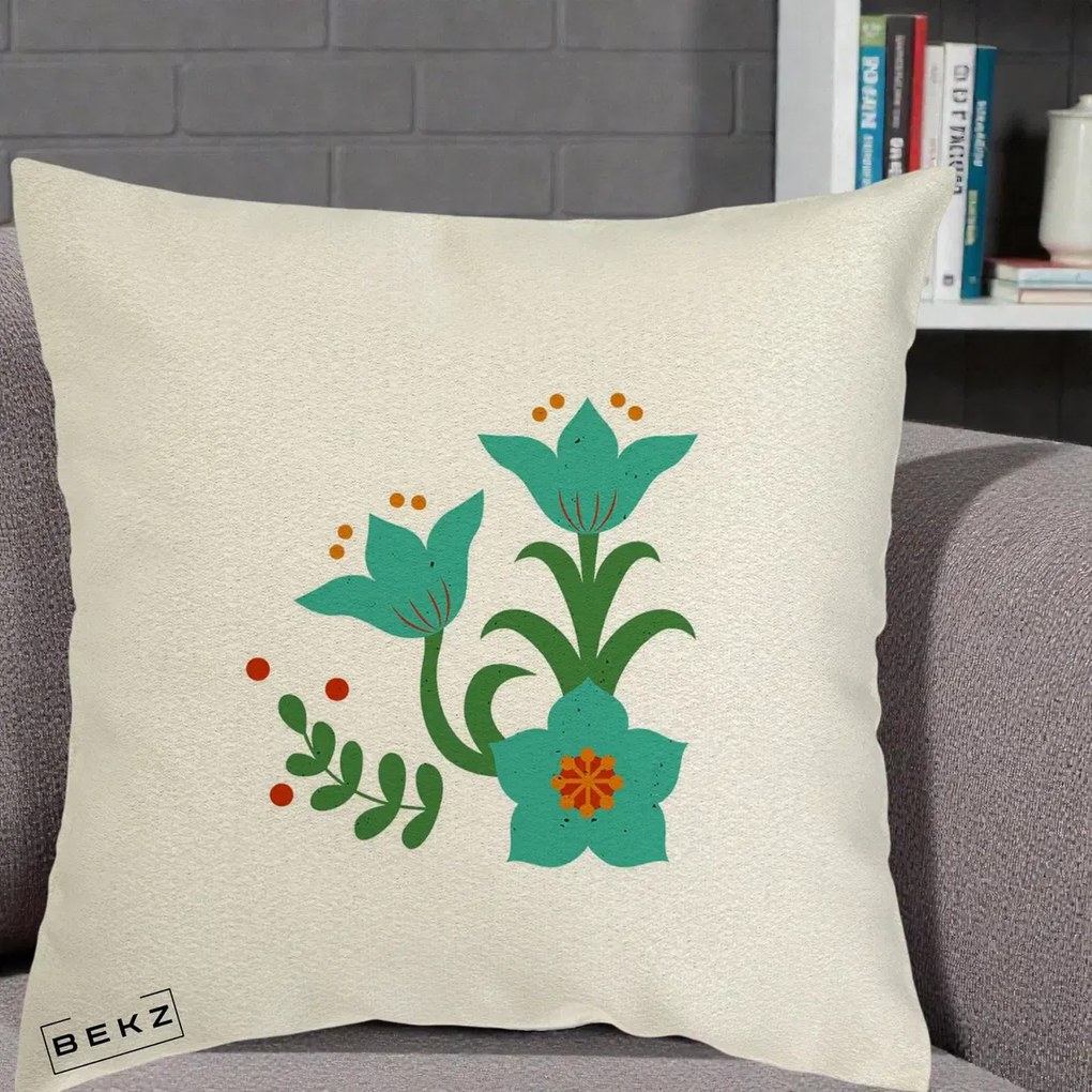 Perna Decorativa Flori Stilizate Folk Turcoaz, 40x40 cm, Ecru, Husa Detasabila, Perna Inclusa, BEKZ®