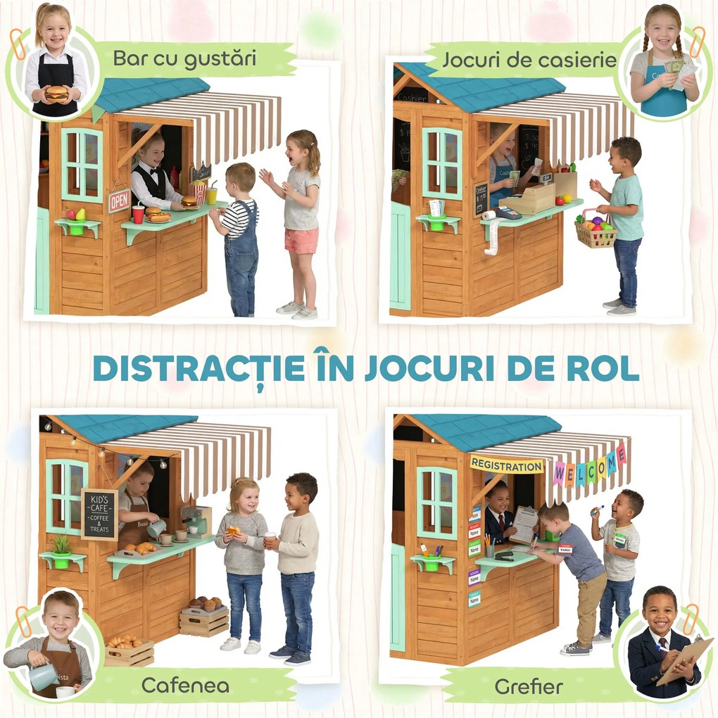 AIYAPLAY Căsuță de Joacă de Exterior cu Bar pentru Gustări, Ușă Pe Jumătate, Ferestre, Suporturi pentru Ghivece, Tablă de Desen, Tablă de Țintă, 4 Bile | Aosom Romania