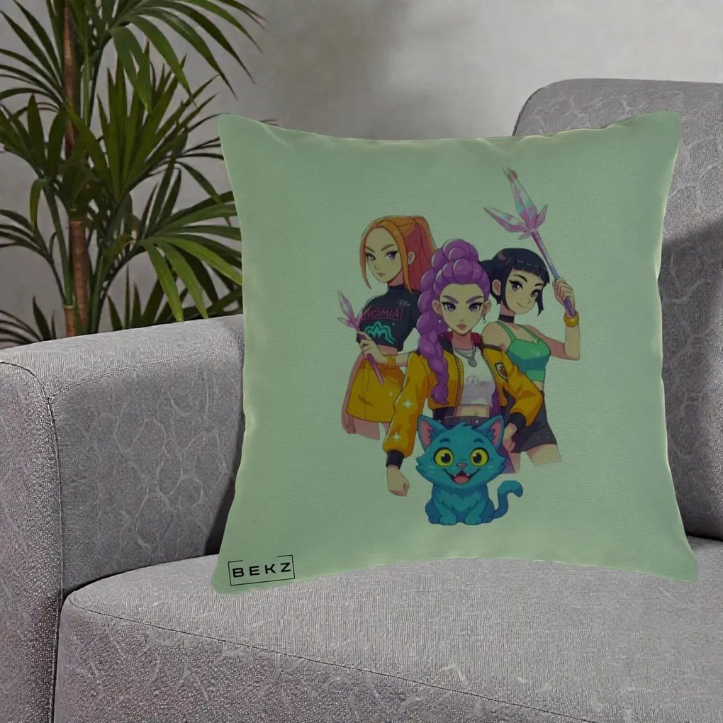 Perna Personalizata K-pop HUNTRX Trio cu Pisica si Cristale, 40x40 cm, Verde, Husa Detasabila, Perna Inclusa, BEKZ®