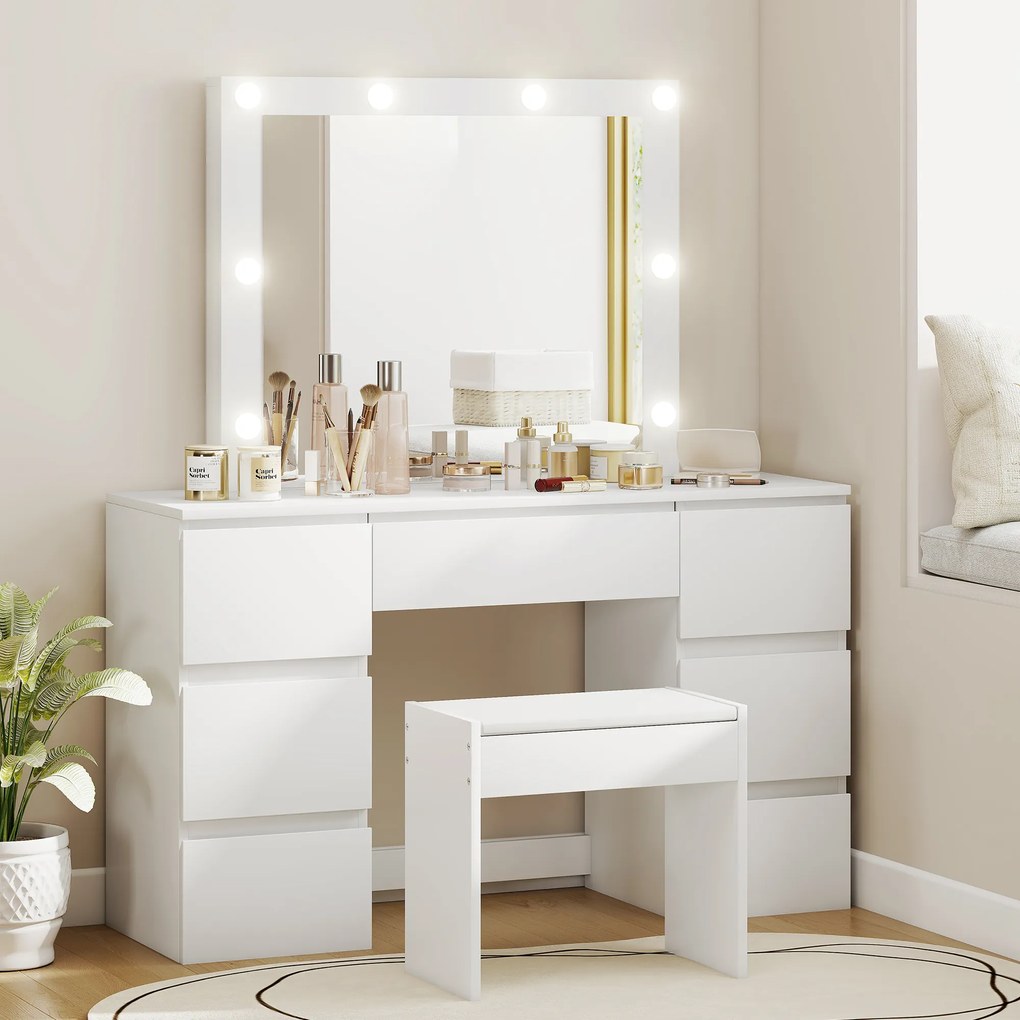 HOMCOM Masă de Machiaj cu Oglindă, 8 Lumini LED, Scaun și 7 Sertare Alb | Aosom Romania