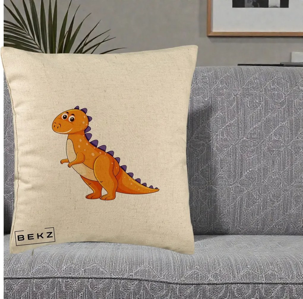 Perna Decorativa T-Rex Portocaliu, 40x40 cm, Bej, Husa Detasabila, Perna Inclusa, BEKZ®