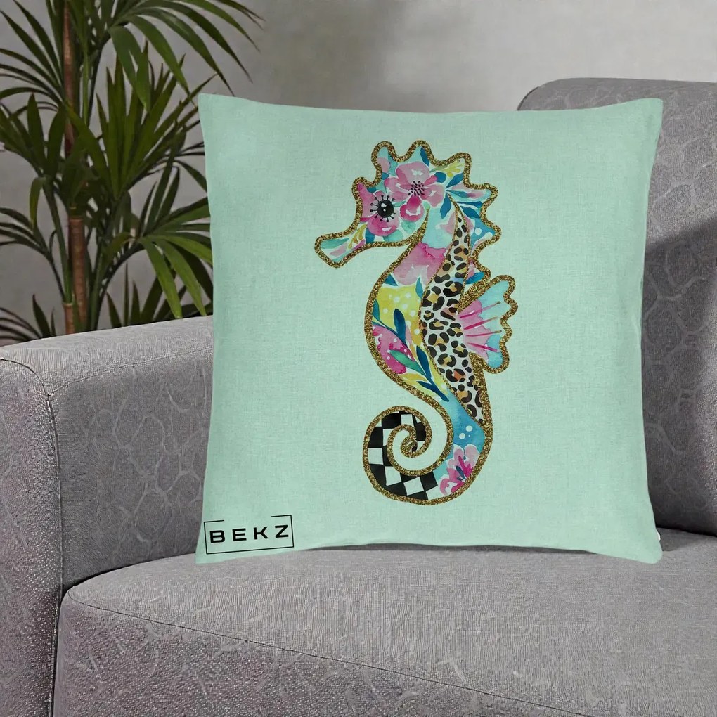 Perna Decorativa Calut de Mare Glitter Tropical, 40x40 cm, Verde Menta, Husa Detasabila, Perna Inclusa, BEKZ®